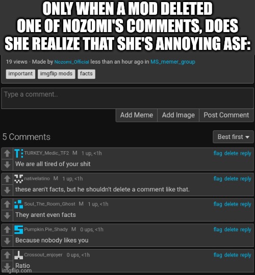 She has yet to reply back | ONLY WHEN A MOD DELETED ONE OF NOZOMI'S COMMENTS, DOES SHE REALIZE THAT SHE'S ANNOYING ASF: | made w/ Imgflip meme maker