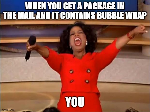 Me getting bubble wrap be like | WHEN YOU GET A PACKAGE IN THE MAIL AND IT CONTAINS BUBBLE WRAP; YOU | image tagged in memes,oprah you get a,bubble wrap,happy,package,funny | made w/ Imgflip meme maker