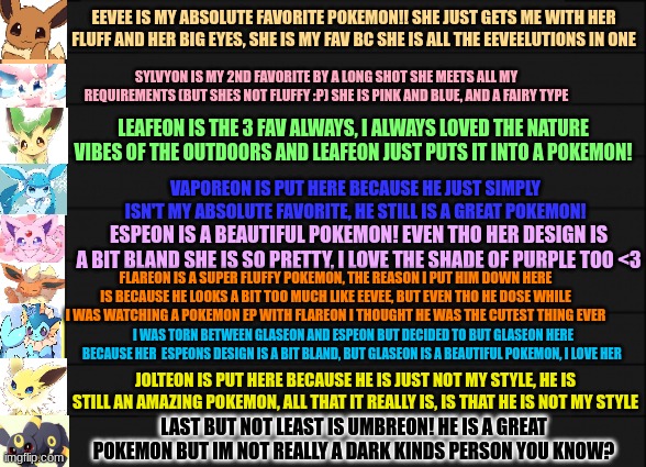My opinions of vthe eeveelutions! | EEVEE IS MY ABSOLUTE FAVORITE POKEMON!! SHE JUST GETS ME WITH HER FLUFF AND HER BIG EYES, SHE IS MY FAV BC SHE IS ALL THE EEVEELUTIONS IN ONE; SYLVYON IS MY 2ND FAVORITE BY A LONG SHOT SHE MEETS ALL MY REQUIREMENTS (BUT SHES NOT FLUFFY :P) SHE IS PINK AND BLUE, AND A FAIRY TYPE; LEAFEON IS THE 3 FAV ALWAYS, I ALWAYS LOVED THE NATURE VIBES OF THE OUTDOORS AND LEAFEON JUST PUTS IT INTO A POKEMON! VAPOREON IS PUT HERE BECAUSE HE JUST SIMPLY ISN'T MY ABSOLUTE FAVORITE, HE STILL IS A GREAT POKEMON! ESPEON IS A BEAUTIFUL POKEMON! EVEN THO HER DESIGN IS A BIT BLAND SHE IS SO PRETTY, I LOVE THE SHADE OF PURPLE TOO <3; FLAREON IS A SUPER FLUFFY POKEMON, THE REASON I PUT HIM DOWN HERE IS BECAUSE HE LOOKS A BIT TOO MUCH LIKE EEVEE, BUT EVEN THO HE DOSE WHILE I WAS WATCHING A POKEMON EP WITH FLAREON I THOUGHT HE WAS THE CUTEST THING EVER; I WAS TORN BETWEEN GLASEON AND ESPEON BUT DECIDED TO BUT GLASEON HERE BECAUSE HER  ESPEONS DESIGN IS A BIT BLAND, BUT GLASEON IS A BEAUTIFUL POKEMON, I LOVE HER; JOLTEON IS PUT HERE BECAUSE HE IS JUST NOT MY STYLE, HE IS STILL AN AMAZING POKEMON, ALL THAT IT REALLY IS, IS THAT HE IS NOT MY STYLE; LAST BUT NOT LEAST IS UMBREON! HE IS A GREAT POKEMON BUT IM NOT REALLY A DARK KINDS PERSON YOU KNOW? | image tagged in tier list,eeveelutions | made w/ Imgflip meme maker