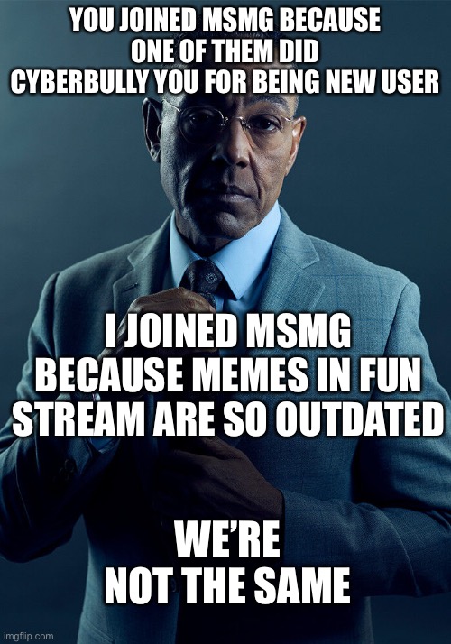 Gus Fring we are not the same | YOU JOINED MSMG BECAUSE ONE OF THEM DID CYBERBULLY YOU FOR BEING NEW USER; I JOINED MSMG BECAUSE MEMES IN FUN STREAM ARE SO OUTDATED; WE’RE NOT THE SAME | image tagged in gus fring we are not the same | made w/ Imgflip meme maker