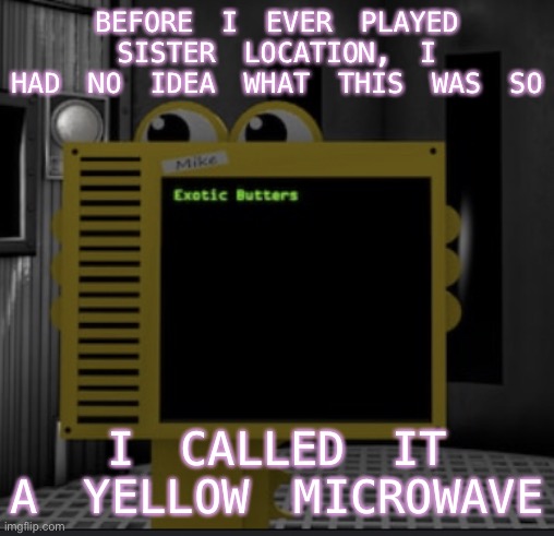Rip me and handunit | BEFORE I EVER PLAYED SISTER LOCATION, I HAD NO IDEA WHAT THIS WAS SO; I CALLED IT A YELLOW MICROWAVE | image tagged in handunit,is,a,yalloe,microwave,jk if you believe that ur dumb | made w/ Imgflip meme maker