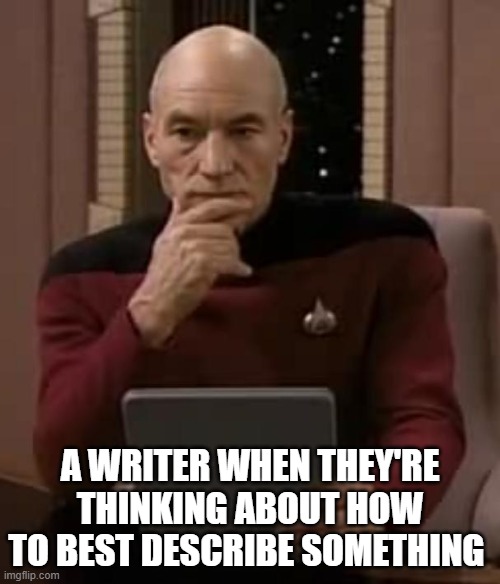 A writer when they're thinking about how to describe something | A WRITER WHEN THEY'RE THINKING ABOUT HOW TO BEST DESCRIBE SOMETHING | image tagged in picard thinking | made w/ Imgflip meme maker