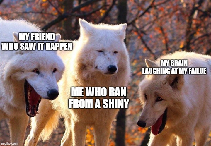its probably gonna happen | MY FRIEND WHO SAW IT HAPPEN; MY BRAIN LAUGHING AT MY FAILUE; ME WHO RAN FROM A SHINY | image tagged in 2/3 wolves laugh,brain | made w/ Imgflip meme maker