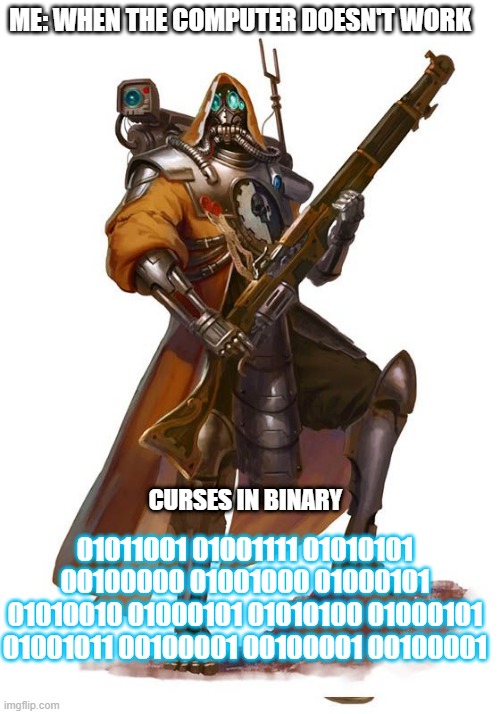 Angry Skitarii | ME: WHEN THE COMPUTER DOESN'T WORK; 01011001 01001111 01010101 00100000 01001000 01000101 01010010 01000101 01010100 01000101 01001011 00100001 00100001 00100001; CURSES IN BINARY | image tagged in wh40k,40k,computer,binary | made w/ Imgflip meme maker
