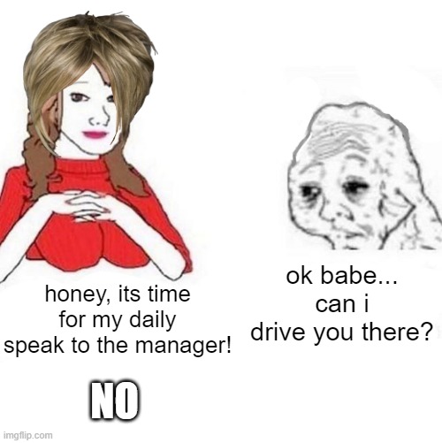 karen and husband | ok babe... can i drive you there? honey, its time for my daily speak to the manager! NO | image tagged in yes honey | made w/ Imgflip meme maker