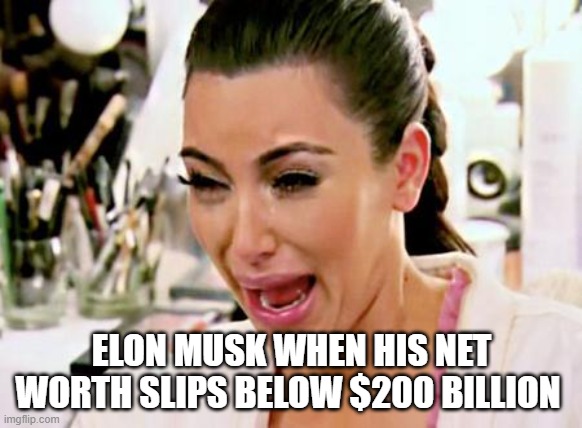 Elon Musk's net worth | ELON MUSK WHEN HIS NET WORTH SLIPS BELOW $200 BILLION | image tagged in kim kardashian | made w/ Imgflip meme maker