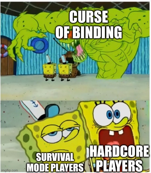 SpongeBob SquarePants scared but also not scared | CURSE OF BINDING; HARDCORE PLAYERS; SURVIVAL MODE PLAYERS | image tagged in spongebob squarepants scared but also not scared | made w/ Imgflip meme maker