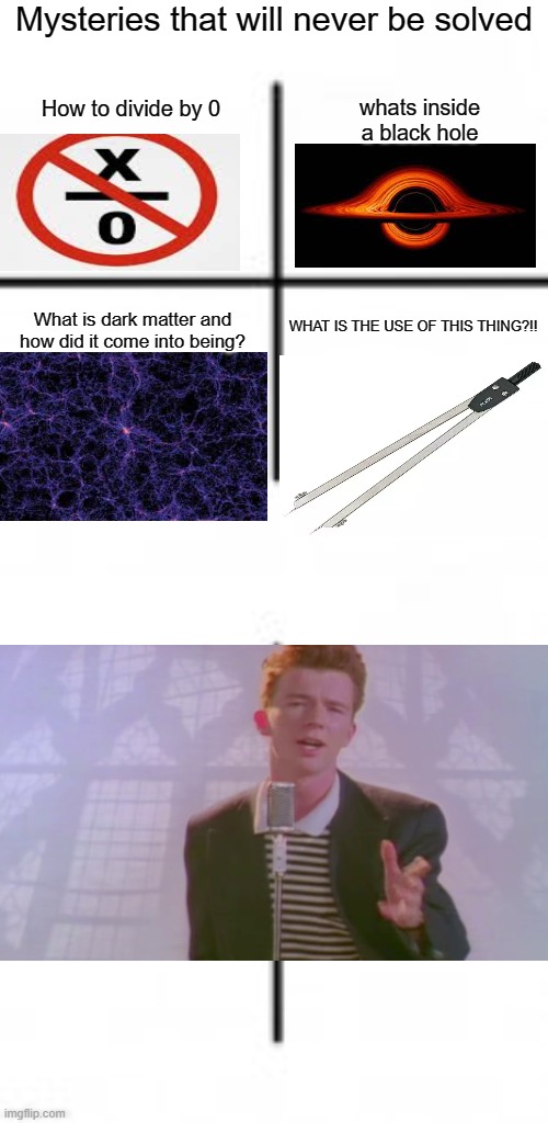 This took too long (What am i doing with my life?) | Mysteries that will never be solved; How to divide by 0; whats inside a black hole; WHAT IS THE USE OF THIS THING?!! What is dark matter and how did it come into being? | image tagged in blank white template,rick astley,memes,funny,funny memes,sarcasm 100 | made w/ Imgflip meme maker