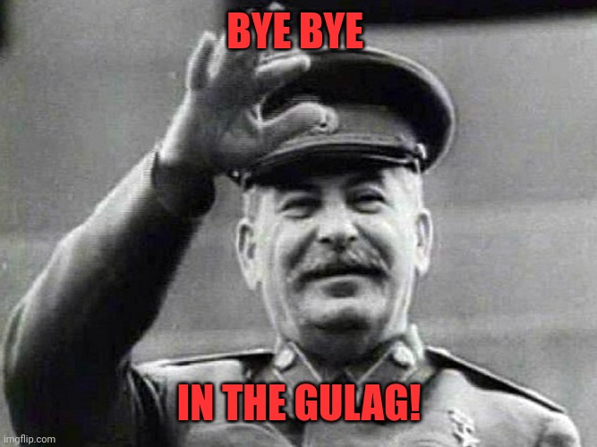Papa Stalin bye bye in the gulag | BYE BYE; IN THE GULAG! | image tagged in stalin,gulag,joseph stalin,russia,soviet union | made w/ Imgflip meme maker