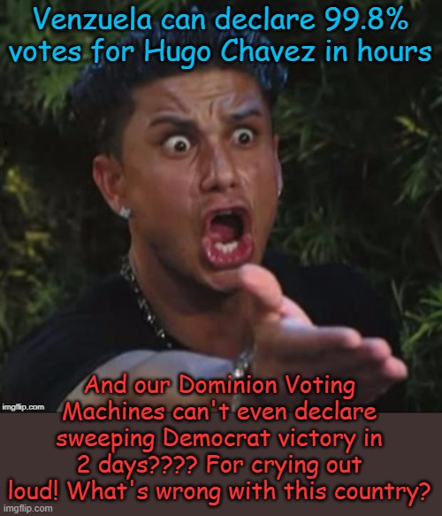 Saddam Hussein and Kim Jung Un and Vladimir Putin never had to wait this long!! | Venzuela can declare 99.8% votes for Hugo Chavez in hours; And our Dominion Voting Machines can't even declare sweeping Democrat victory in 2 days???? For crying out loud! What's wrong with this country? | image tagged in for crying out loud | made w/ Imgflip meme maker