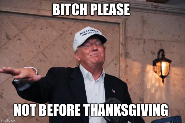 Trump Bitch Please | BITCH PLEASE; NOT BEFORE THANKSGIVING | image tagged in trump bitch please | made w/ Imgflip meme maker