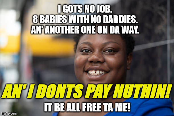 I GOTS NO JOB.
8 BABIES WITH NO DADDIES.
AN' ANOTHER ONE ON DA WAY. IT BE ALL FREE TA ME! AN' I DONTS PAY NUTHIN! | made w/ Imgflip meme maker