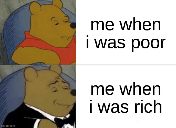 Tuxedo Winnie The Pooh | me when i was poor; me when i was rich | image tagged in memes,tuxedo winnie the pooh | made w/ Imgflip meme maker