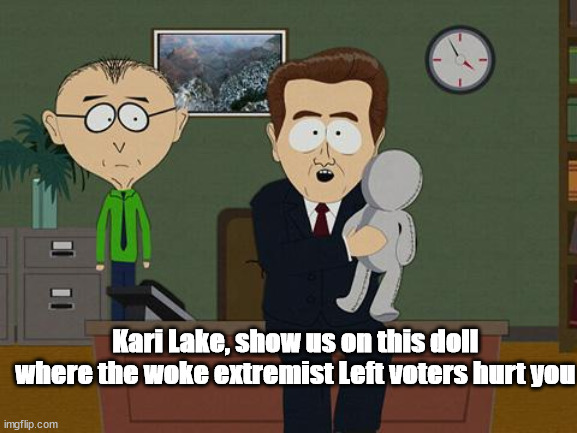 Kari Lake, show us on this doll where the woke extremist Left voters hurt you | made w/ Imgflip meme maker