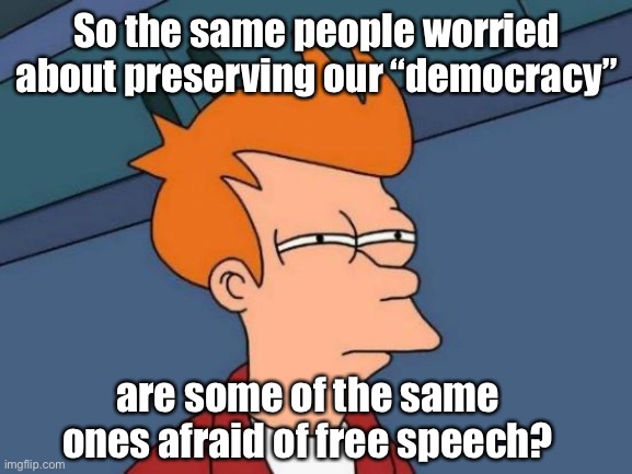 A free exchange of thought is a threat to US “democracy” | So the same people worried about preserving our “democracy”; are some of the same ones afraid of free speech? | image tagged in memes,futurama fry,politics lol,derp | made w/ Imgflip meme maker