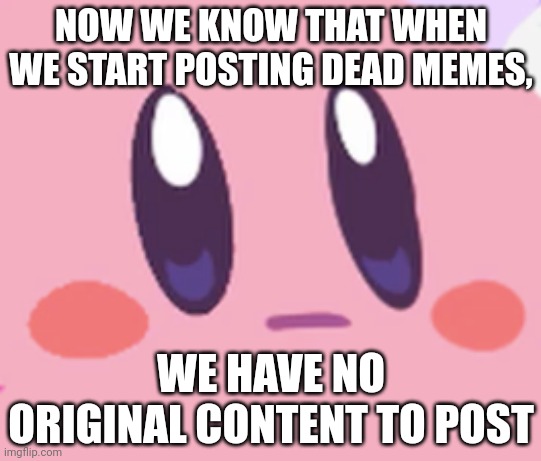 Blank Kirby Face | NOW WE KNOW THAT WHEN WE START POSTING DEAD MEMES, WE HAVE NO ORIGINAL CONTENT TO POST | image tagged in blank kirby face | made w/ Imgflip meme maker
