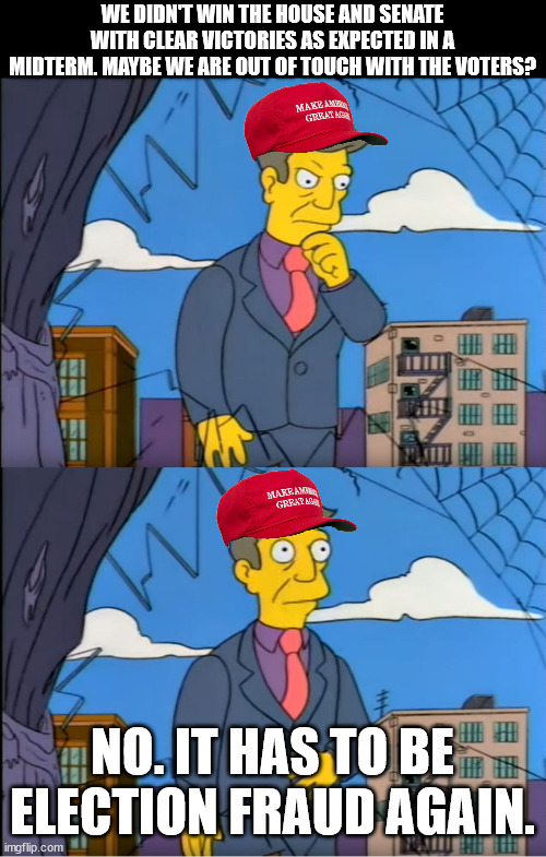 For sure it's election fraud this time, right? | WE DIDN'T WIN THE HOUSE AND SENATE WITH CLEAR VICTORIES AS EXPECTED IN A MIDTERM. MAYBE WE ARE OUT OF TOUCH WITH THE VOTERS? NO. IT HAS TO BE ELECTION FRAUD AGAIN. | image tagged in skinner out of touch | made w/ Imgflip meme maker