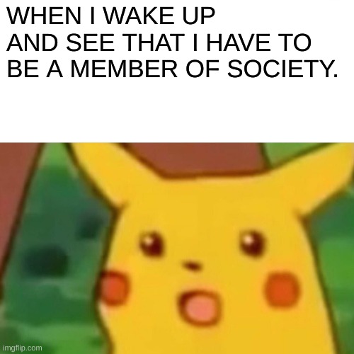 Surprised Pikachu Meme | WHEN I WAKE UP AND SEE THAT I HAVE TO BE A MEMBER OF SOCIETY. | image tagged in memes,surprised pikachu | made w/ Imgflip meme maker