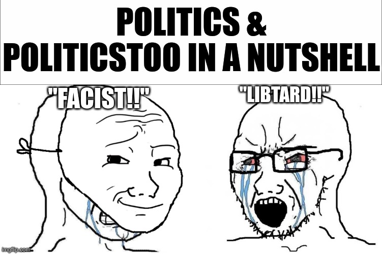 please, come up with new comebacks you two | POLITICS & POLITICSTOO IN A NUTSHELL; "LIBTARD!!"; "FACIST!!" | image tagged in wojack crying,politics | made w/ Imgflip meme maker