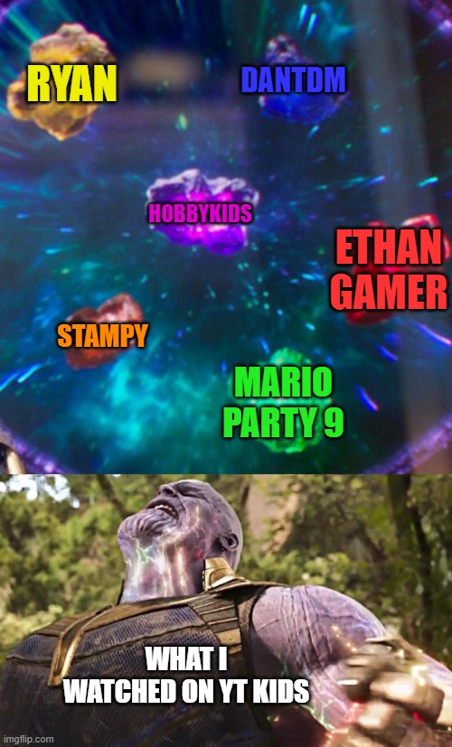 YouTube Kids! | RYAN; DANTDM; HOBBYKIDS; ETHAN GAMER; STAMPY; MARIO PARTY 9; WHAT I WATCHED ON YT KIDS | image tagged in thanos infinity stones,youtube kids | made w/ Imgflip meme maker