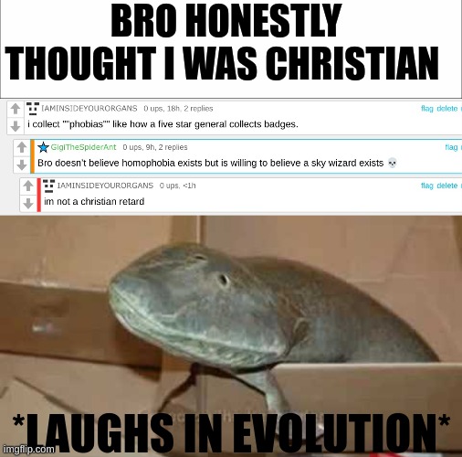 how are furries this stupid | BRO HONESTLY THOUGHT I WAS CHRISTIAN; *LAUGHS IN EVOLUTION* | made w/ Imgflip meme maker