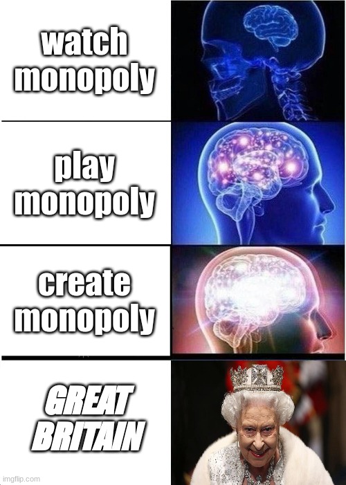 Expanding Brain Meme | watch monopoly play monopoly create monopoly GREAT BRITAIN | image tagged in memes,expanding brain | made w/ Imgflip meme maker