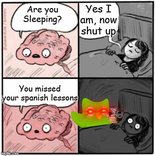 Brain Before Sleep | Yes I am, now shut up; Are you Sleeping? You missed your spanish lessons | image tagged in brain before sleep,duolingo gun | made w/ Imgflip meme maker