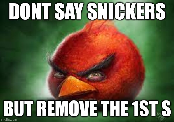 Realistic Red Angry Birds | DONT SAY SNICKERS; BUT REMOVE THE 1ST S | image tagged in realistic red angry birds | made w/ Imgflip meme maker