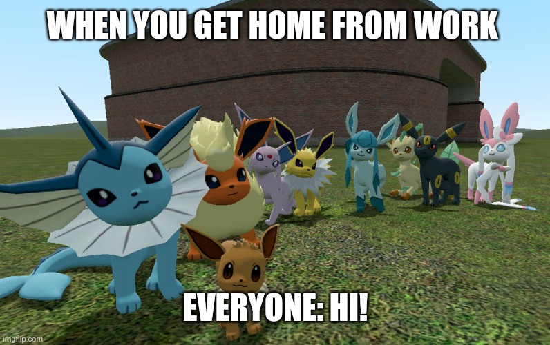 eeveelutions | WHEN YOU GET HOME FROM WORK; EVERYONE: HI! | image tagged in eeveelutions | made w/ Imgflip meme maker