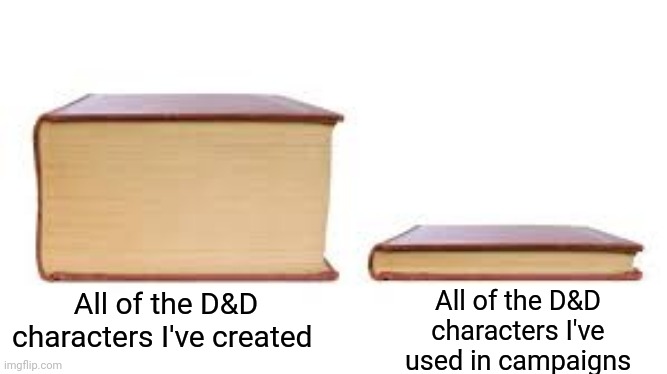 You make 30 characters, and you only use two of them |  All of the D&D characters I've created; All of the D&D characters I've used in campaigns | image tagged in big book small book,dungeons and dragons,dnd | made w/ Imgflip meme maker