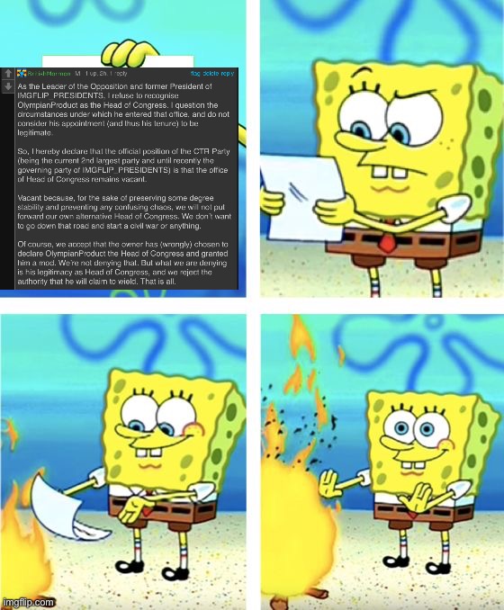 Important statement from the Office of the Current Vice-President re: the important statement from the Office of the Former Guy | image tagged in spongebob burning paper,important,statement,hoc,former guy,britishmormon | made w/ Imgflip meme maker