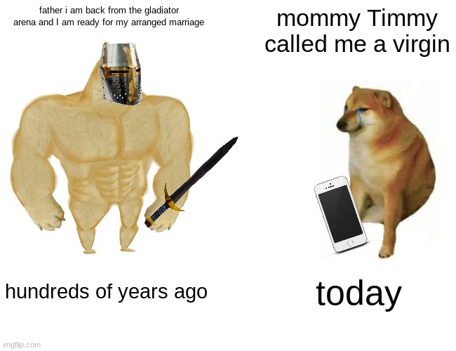 I feel like long ago things were a little better | father i am back from the gladiator arena and I am ready for my arranged marriage; mommy Timmy called me a virgin; hundreds of years ago; today | image tagged in memes,buff doge vs cheems | made w/ Imgflip meme maker