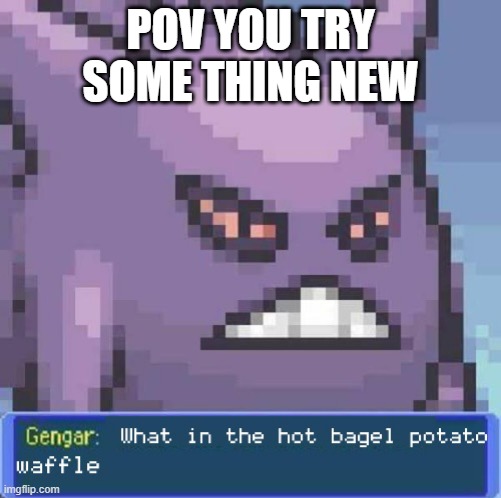 What in the hot bagel potato waffle | POV YOU TRY SOME THING NEW | image tagged in what in the hot bagel potato waffle | made w/ Imgflip meme maker