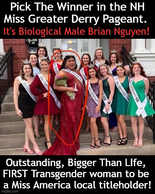 "A picture is worth a thousand words" | Pick The Winner in the NH
Miss Greater Derry Pageant. It's Biological Male Brian Nguyen! Outstanding, Bigger Than LIfe, 
FIRST Transgender woman to be 
a Miss America local titleholder! | image tagged in politics,transgender,beauty and the beast,pageant,winner,men women | made w/ Imgflip meme maker