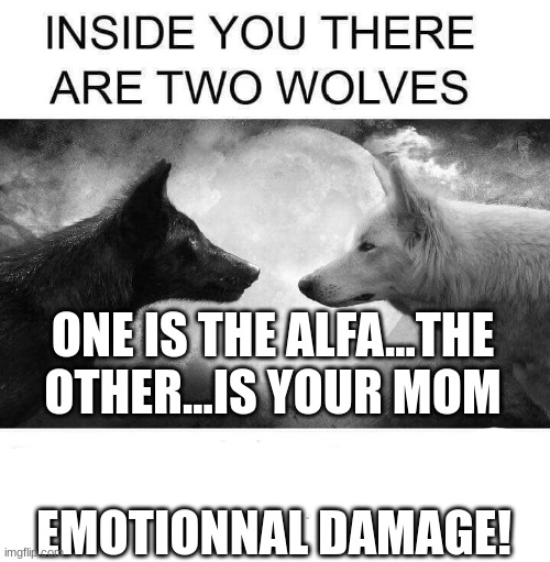 wolf | ONE IS THE ALFA...THE OTHER...IS YOUR MOM; EMOTIONNAL DAMAGE! | image tagged in inside you there are two wolves | made w/ Imgflip meme maker