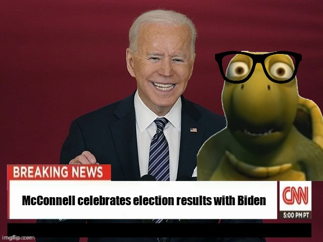 Turtle celebrates with Biden | image tagged in mitch mcconnell | made w/ Imgflip meme maker