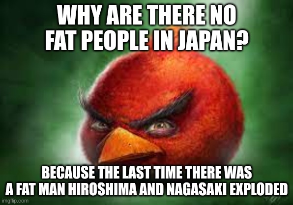 Realistic Red Angry Birds | WHY ARE THERE NO FAT PEOPLE IN JAPAN? BECAUSE THE LAST TIME THERE WAS A FAT MAN HIROSHIMA AND NAGASAKI EXPLODED | image tagged in realistic red angry birds | made w/ Imgflip meme maker