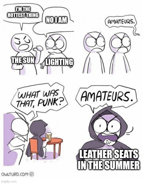 Leather car seats burn | I'M THE HOTTEST THING; NO I AM; THE SUN; LIGHTING; LEATHER SEATS IN THE SUMMER | image tagged in amateurs | made w/ Imgflip meme maker