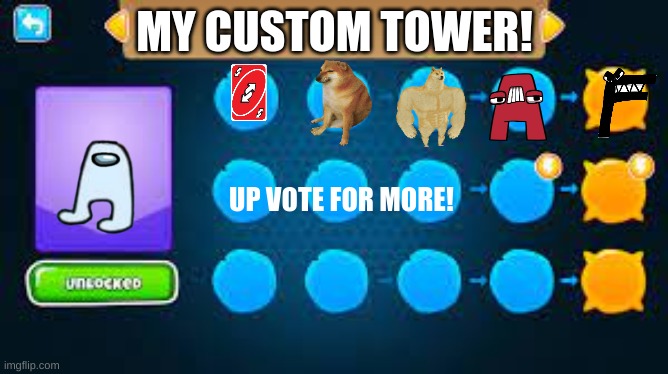 Btd6 upgrade path template | MY CUSTOM TOWER! UP VOTE FOR MORE! | image tagged in sus,alphephbet lore,uno,cheems,memes,btd6 | made w/ Imgflip meme maker
