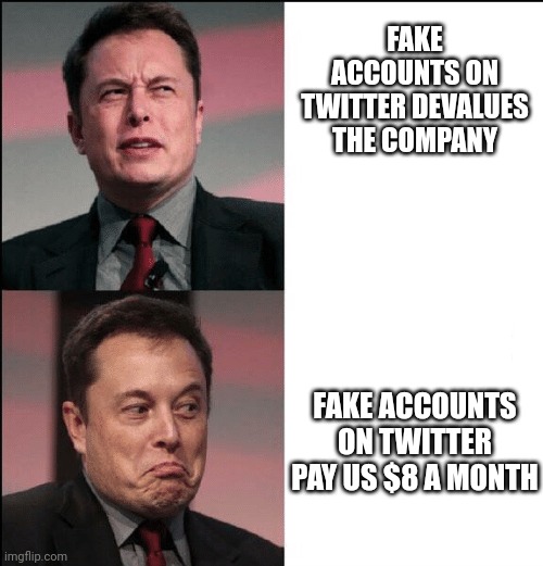 Elon Musk no maybe | FAKE ACCOUNTS ON TWITTER DEVALUES THE COMPANY; FAKE ACCOUNTS ON TWITTER PAY US $8 A MONTH | image tagged in elon musk no maybe | made w/ Imgflip meme maker