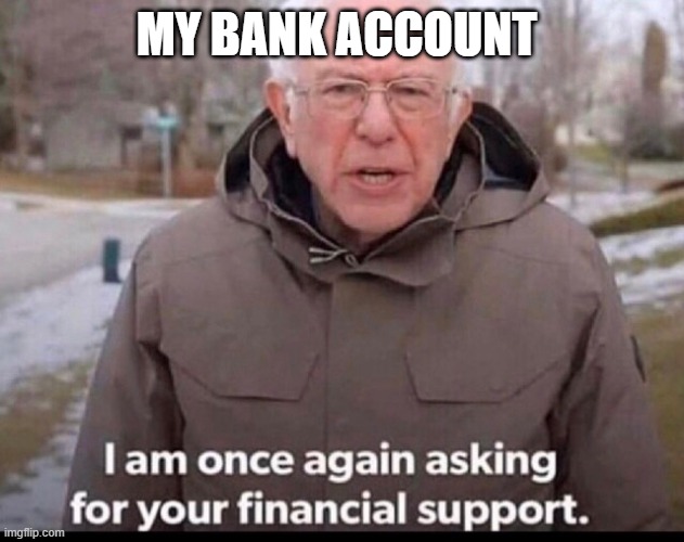 bernie sanders financial support | MY BANK ACCOUNT | image tagged in bernie sanders financial support | made w/ Imgflip meme maker