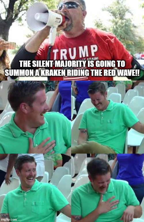 All bluster, no muster. | THE SILENT MAJORITY IS GOING TO SUMMON A KRAKEN RIDING THE RED WAVE!! | image tagged in green shirt guy,blowhard magats | made w/ Imgflip meme maker