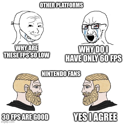 Crying Wojak / I Know Chad Meme | OTHER PLATFORMS; WHY ARE THESE FPS SO LOW; WHY DO I HAVE ONLY 60 FPS; NINTENDO FANS; 30 FPS ARE GOOD; YES I AGREE | image tagged in crying wojak / i know chad meme | made w/ Imgflip meme maker