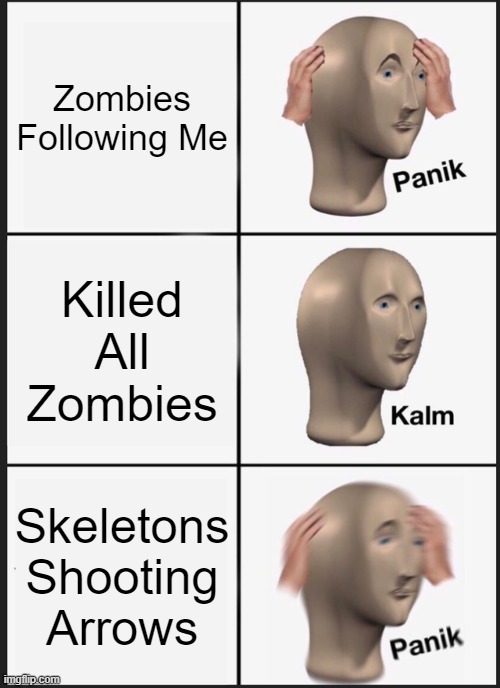 Panik Kalm Panik | Zombies Following Me; Killed All Zombies; Skeletons Shooting Arrows | image tagged in memes,panik kalm panik | made w/ Imgflip meme maker