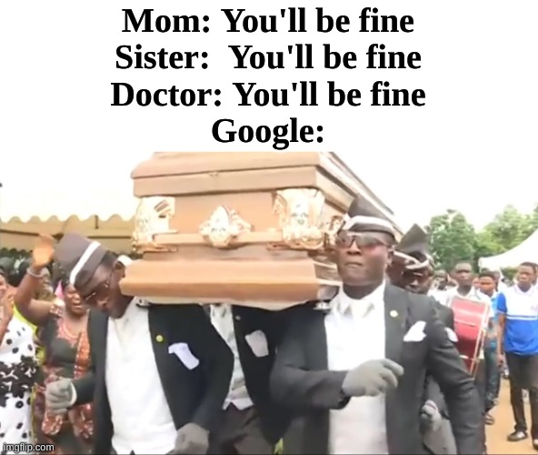 Coffin Dance | Mom: You'll be fine
Sister:  You'll be fine
Doctor: You'll be fine
Google: | image tagged in coffin dance | made w/ Imgflip meme maker