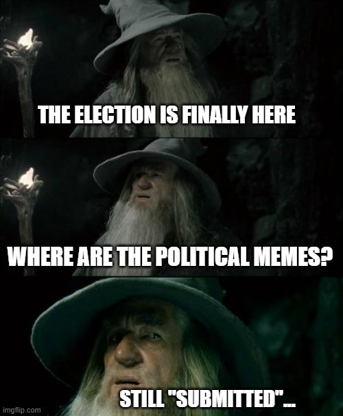 Confused Gandalf | THE ELECTION IS FINALLY HERE; WHERE ARE THE POLITICAL MEMES? STILL "SUBMITTED"... | image tagged in memes,confused gandalf | made w/ Imgflip meme maker