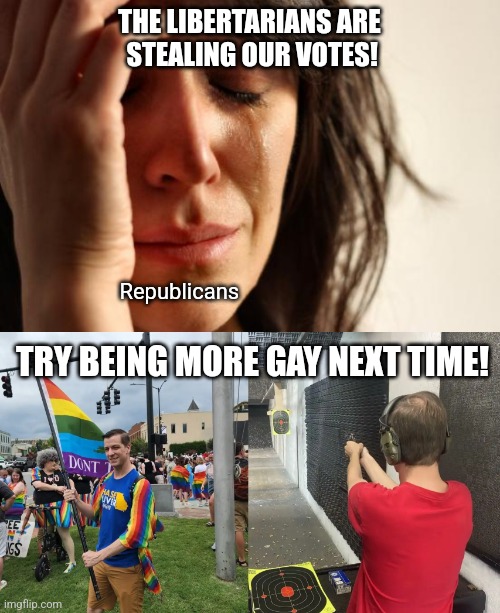 Sorry not sorry | THE LIBERTARIANS ARE
 STEALING OUR VOTES! Republicans; TRY BEING MORE GAY NEXT TIME! | image tagged in memes,first world problems | made w/ Imgflip meme maker