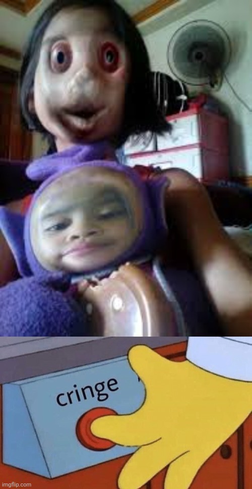 Teletubbie face swap | image tagged in cringe button,teletubbie,teletubbies,cursed image,memes,cursed | made w/ Imgflip meme maker