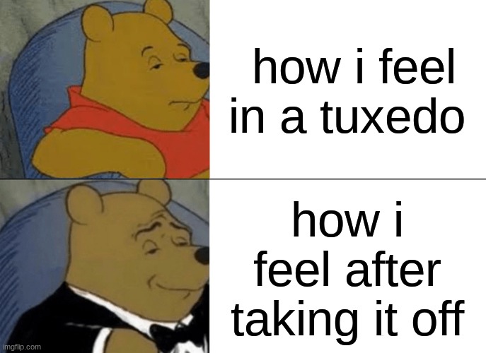 They are itchy | how i feel in a tuxedo; how i feel after taking it off | image tagged in memes,tuxedo winnie the pooh | made w/ Imgflip meme maker