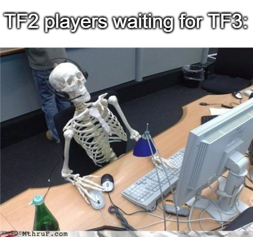 rip tf3 | TF2 players waiting for TF3: | image tagged in waiting skeleton | made w/ Imgflip meme maker